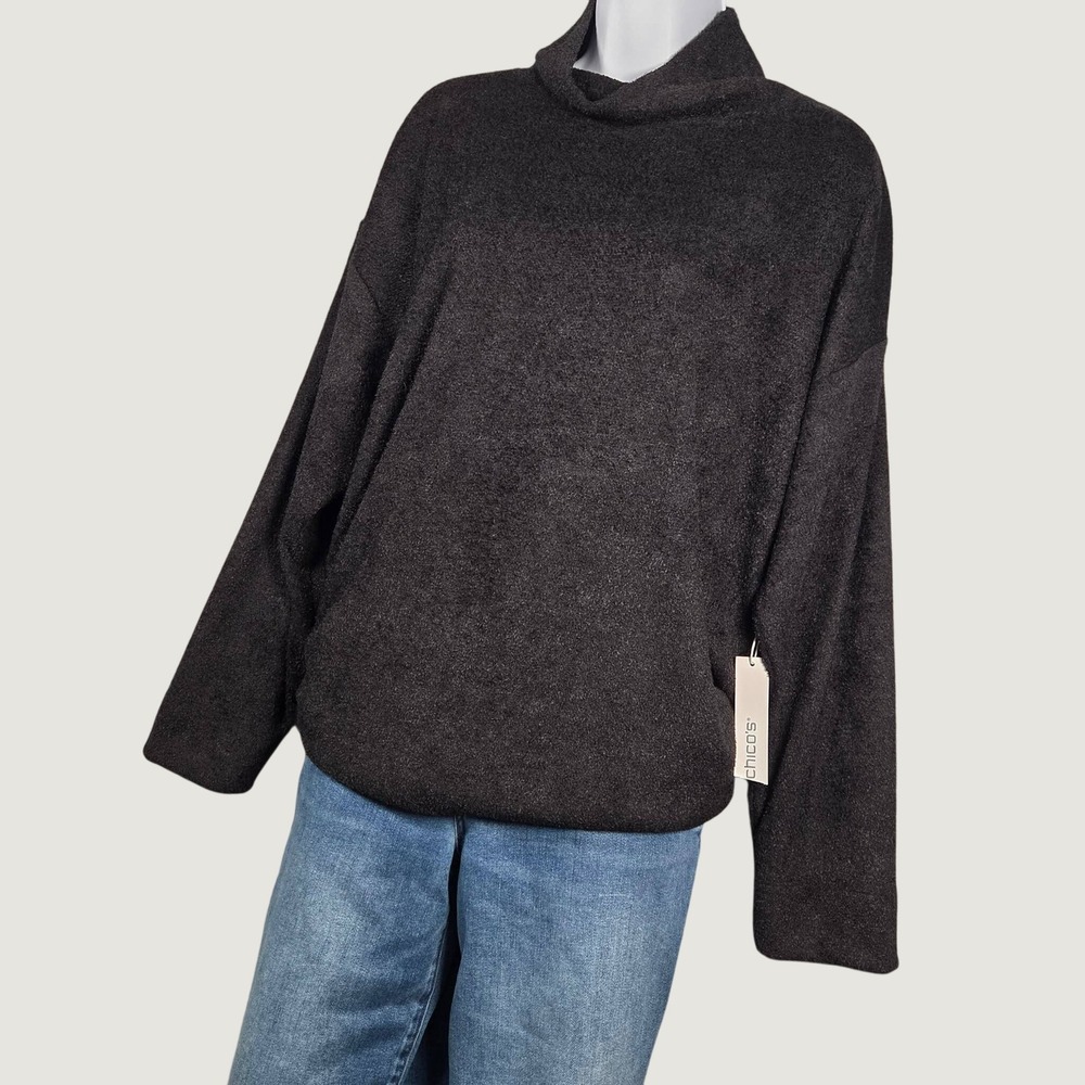Chico's NEW Women XL Cozy Mockneck Fuzzy Long Sleeve Sweater Black